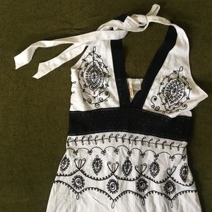 Girls White Halter Tie Dress - Black Crochet waist